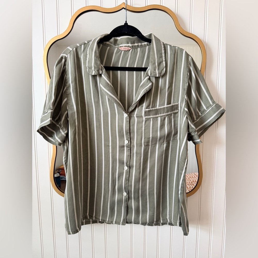 Eberjey Olive Green & White Striped Short Sleeve Pajama Top